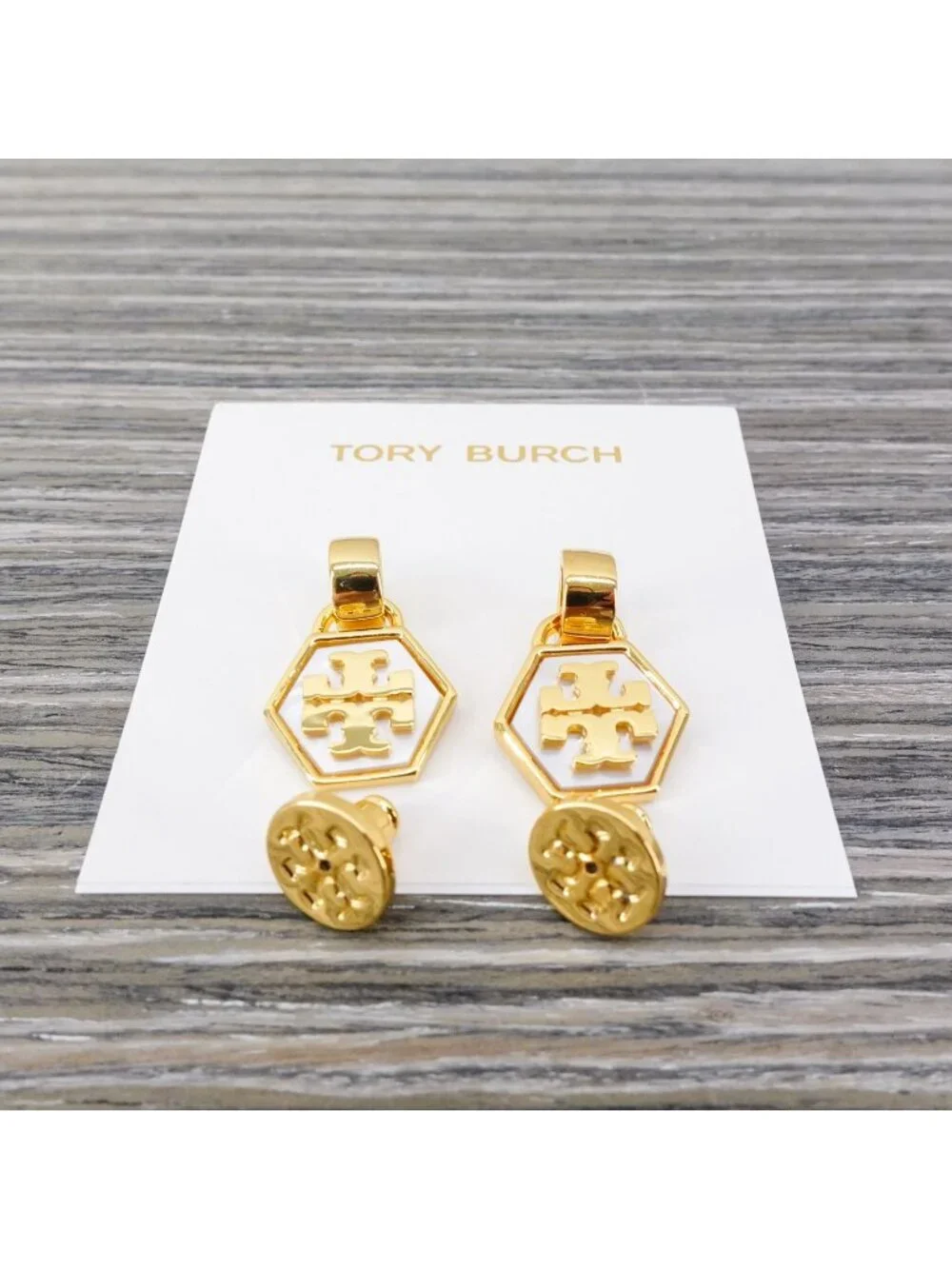 Tory Burch Mother of Pearl Geo Drop Earrings White OS
